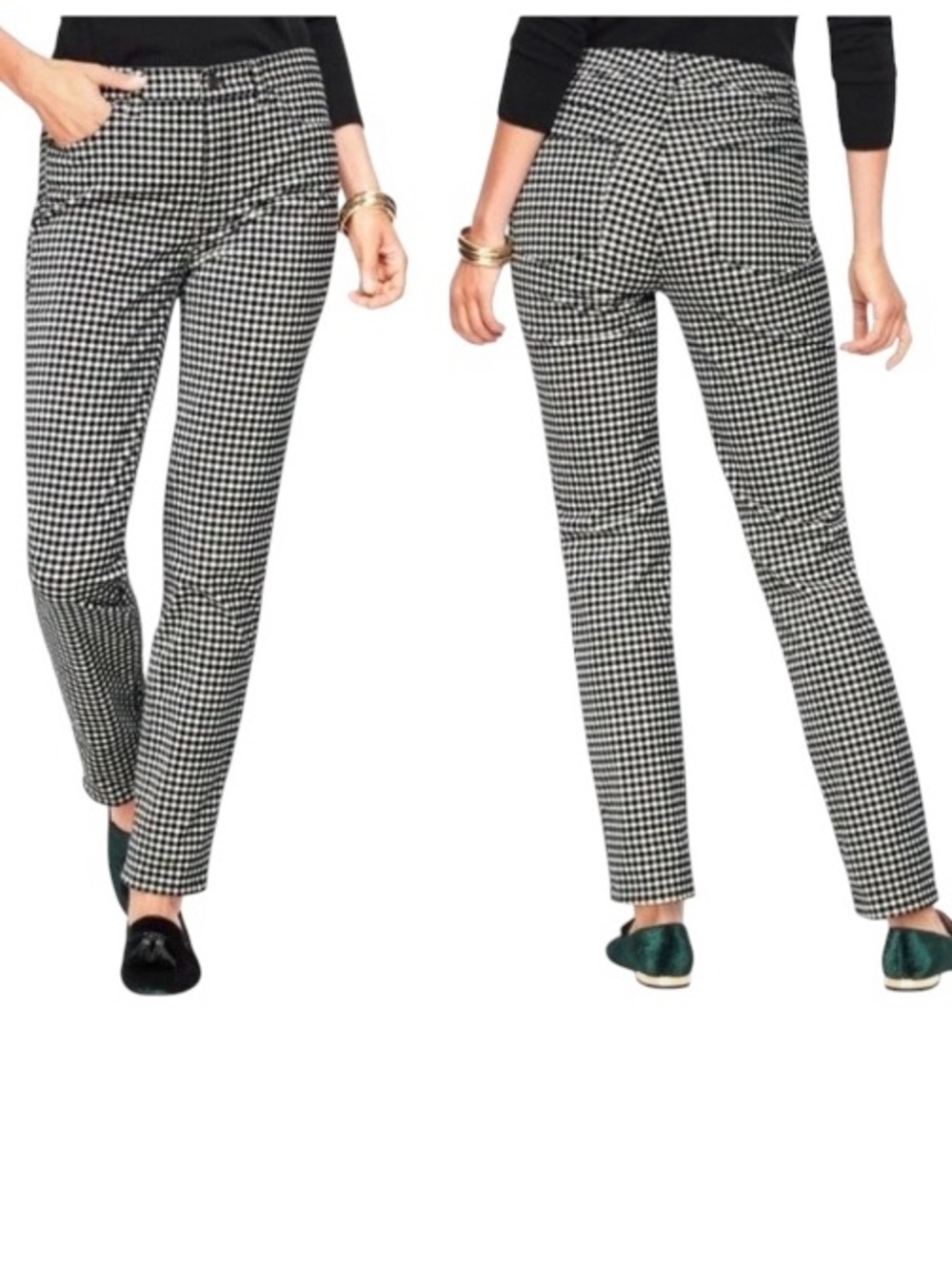 Talbots Velveteen High Waist Straight Leg Gingham Pants 14P Petite Black White